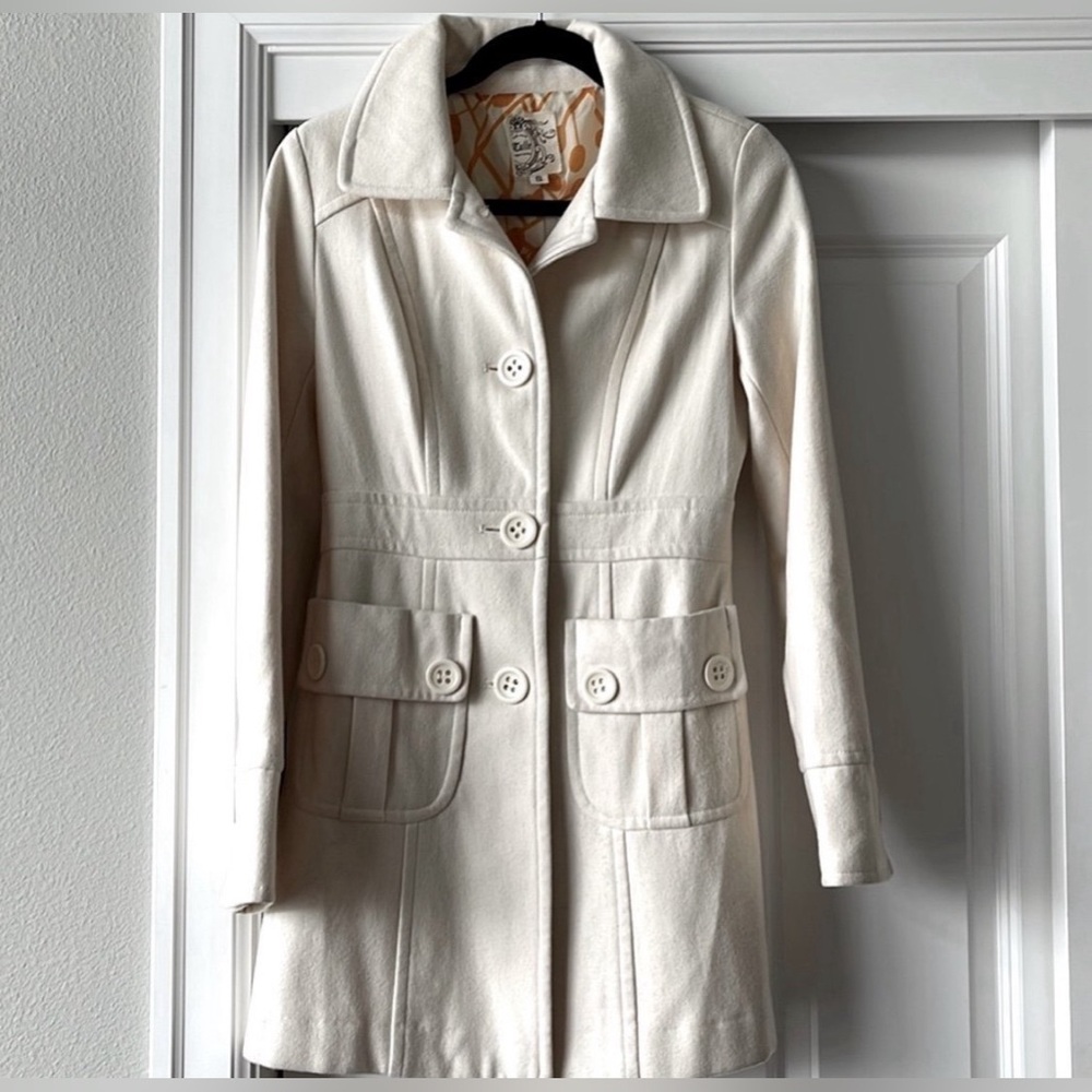 Anthropology Tulle Single Breasted Long Trench Pea Coat Ivory Cream Jacket Small